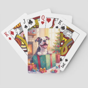 Baraja De Cartas Pitbull Juguetón Abriendo Regalos de Navidad Fiest