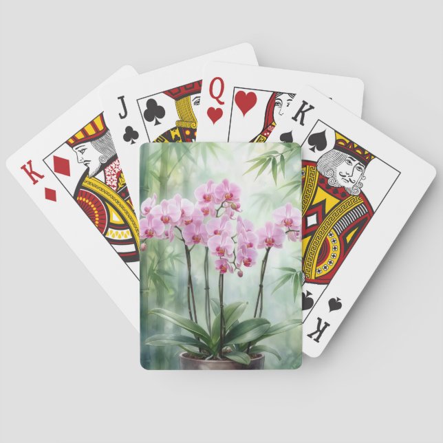 Baraja De Cartas Planta de orquídea rosa sobre fondo de bambú (Reverso)