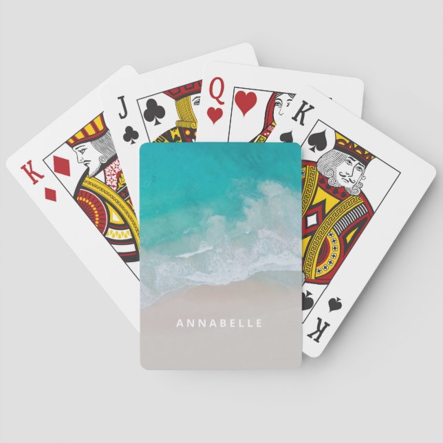 Baraja De Cartas playa de arena tropical océano olas soleadas moder (Reverso)