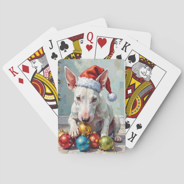 Baraja De Cartas Playful Bull Terrier Dog Guarding Christmas (Reverso)