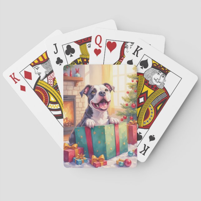 Baraja De Cartas Playful Pitbull Opening Christmas Gifts Holiday (Reverso)