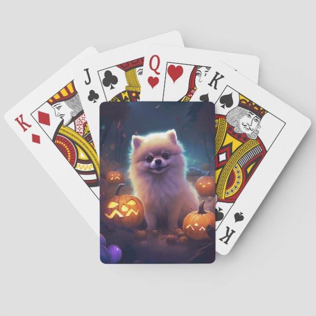 Baraja De Cartas Pomerania de Halloween con calabazas aterradoras (Reverso)
