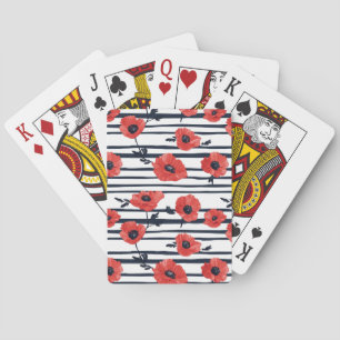 Baraja De Cartas Poppies rojos con hojas azules y patrón rayado 3