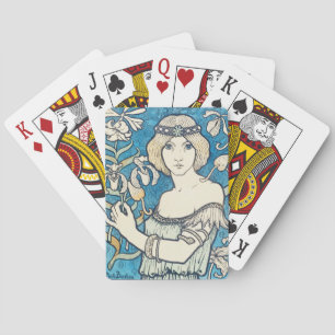 Baraja De Cartas Póster vintage Art Nouveau de mujer con flores azu