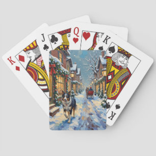 Baraja De Cartas Pueblo nevado de Navidad vintage con Border Collie