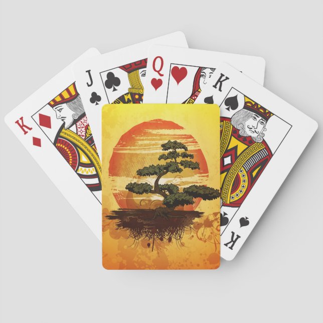 Baraja De Cartas Puesta del sol japonesa del árbol de los bonsais (Reverso)