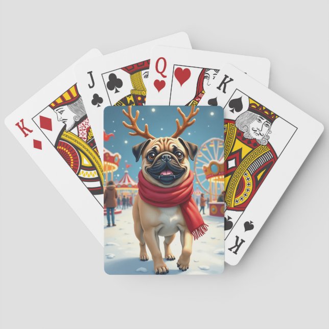 Baraja De Cartas Pug at the Winter Fairgrounds Christmas Painting (Reverso)