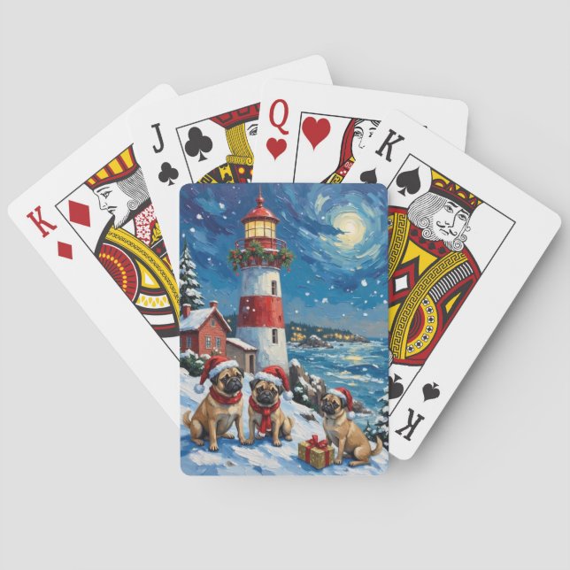 Baraja De Cartas Pug Christmas Lighthouse Holiday (Reverso)
