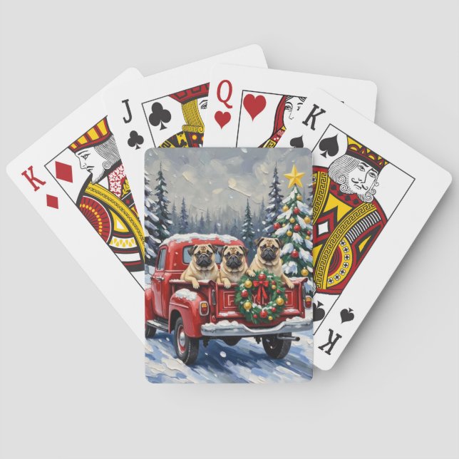 Baraja De Cartas Pug Christmas Red Truck Holiday (Reverso)
