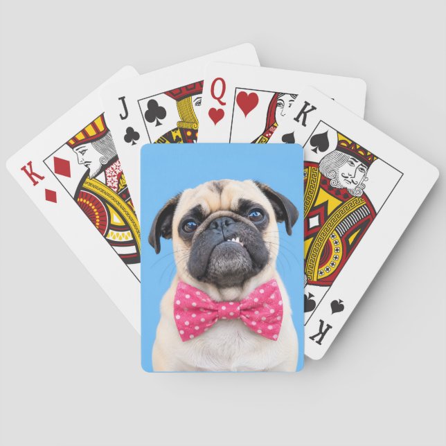 Baraja De Cartas Pug con lazo rosa (Reverso)