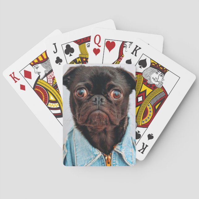 Baraja De Cartas Pug en Denim Jackey, adorable cachorro de perro (Reverso)