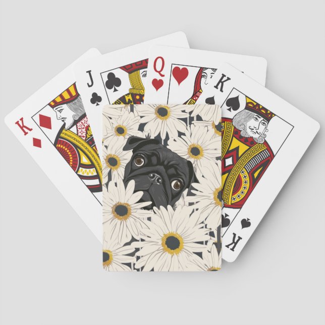 Baraja De Cartas Pug negro con flores de margarita (Reverso)