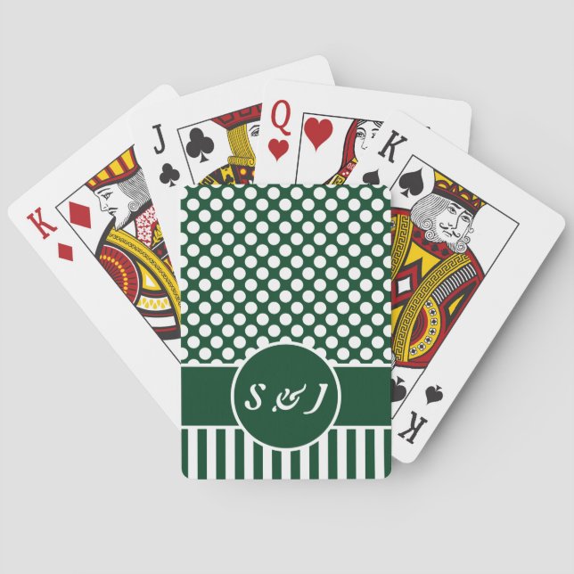 Baraja De Cartas Punto de Polka Verde Monogramado de moda (Reverso)