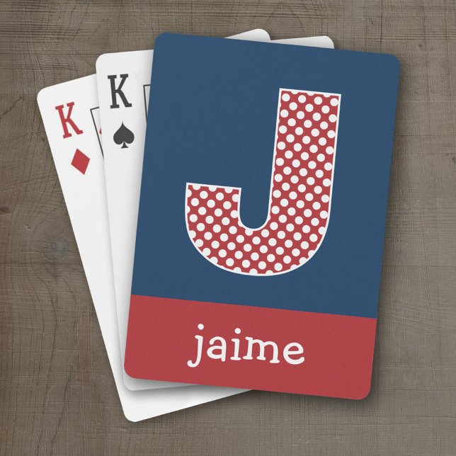 Baraja De Cartas Puntos de polka rojo y naval con letra de monogram (Personalized Playing Cards - Large Monogram)