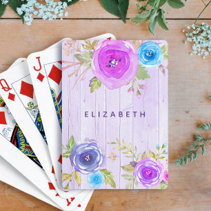 Baraja De Cartas Púrpura rosa color de agua floral rústico de mader