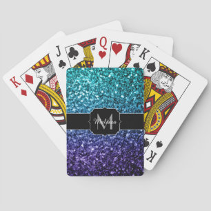 Baraja De Cartas Purpurina azul Aqua Ombre fino chispas Monograma