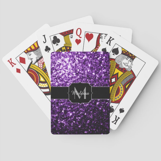Baraja De Cartas Purpurina brillante oscuro morado chispas Monogram (Reverso)