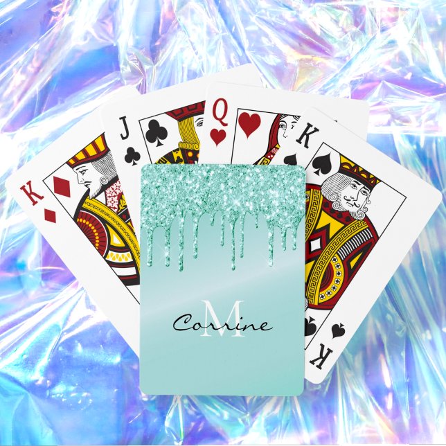 Baraja De Cartas Purpurina de goteo metálico azul en monograma Aqua (Subido por el creador)