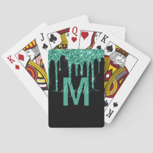Baraja De Cartas Purpurina Girly Turquoise Drin Monograma Nombre