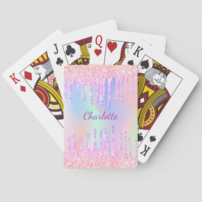 Baraja De Cartas Purpurina gotea monograma holográfico de arco iris (Reverso)