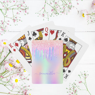 Baraja De Cartas Purpurina gotea monograma holográfico de arco iris