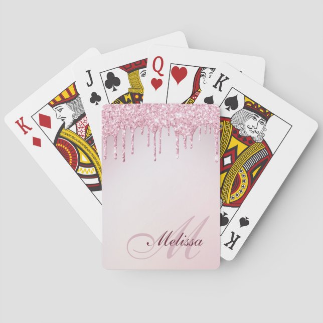 Baraja De Cartas purpurina monogramo rosa morado (Reverso)