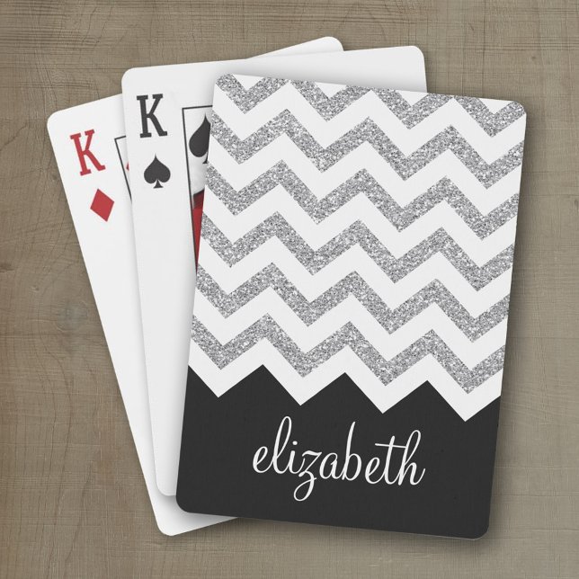Baraja De Cartas Purpurina negro y plateado Imprimir chevron y nomb (Personalized playing cards with a zig zag pattern and a place for a name or monogram)