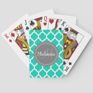 Baraja De Cartas Quatrefoil azul y gris con monograma