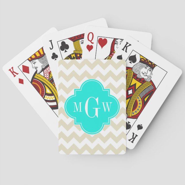 Baraja De Cartas Quatrefoil de Chevron blanco beige 3 Monograma (Reverso)