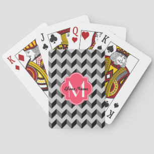 Baraja De Cartas Quatrefoil rosa Monograma Chevron negro y gris