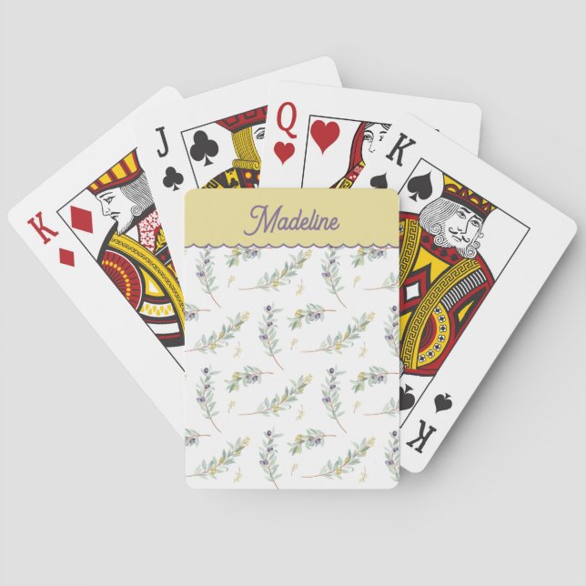Baraja De Cartas Rama de olivo verde salvia con nombre personalizad (Reverso)