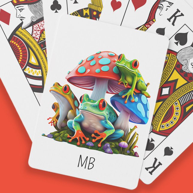 Baraja De Cartas Ranas Lindas Champiñones Rojo Azul Monograma  (Cute frogs and colorful mushrooms/toadstools playing cards customized with your monogram/initials)