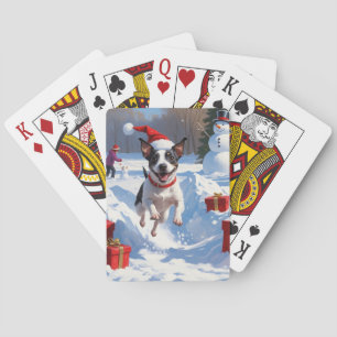 Baraja De Cartas Rat Terrier corriendo en la nieve con sombrero de 