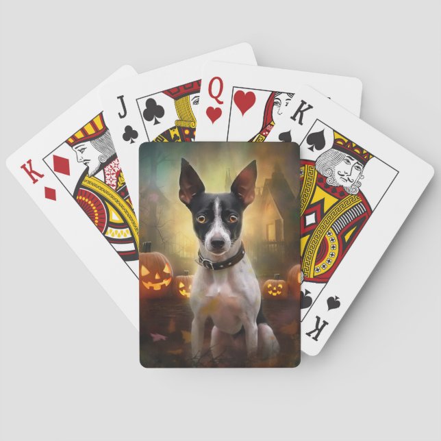 Baraja De Cartas Rat Terrier de Halloween con calabazas asustadas (Reverso)