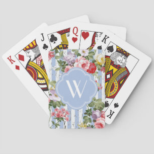 Baraja De Cartas Raya azul resistida floral del monograma