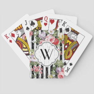 Baraja De Cartas Raya negra resistida floral del monograma