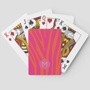Baraja De Cartas Rayas de cebra modernas monograma rosa y naranja