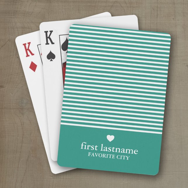 Baraja De Cartas Rayas modernas con monograma de alta escala verde  (Personalized playing cards with a modern stripe pattern and a place for a name or monogram)