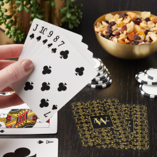 Baraja De Cartas Real Negro y Dorado Damask Floral Nombre Personali