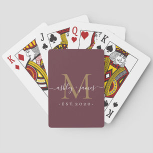 Baraja De Cartas Recién casado Sr. Monogram Nombres Año Borgoña Oro
