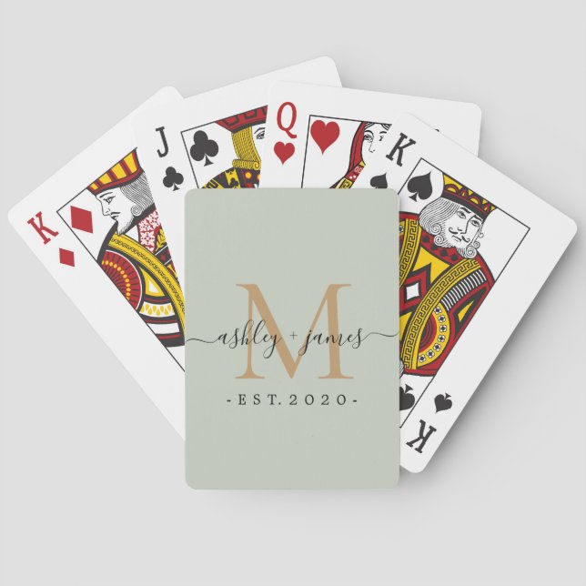 Baraja De Cartas Recién casado Sr. Sra. Monogram Nombres Año Verde  (Reverso)