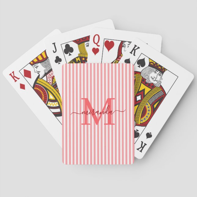 Baraja De Cartas Red & White Striped Monogram Name (Reverso)