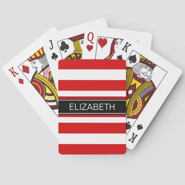 Baraja De Cartas Red Wt Horz Preppy Stripe Black Name Monograma (Reverso)