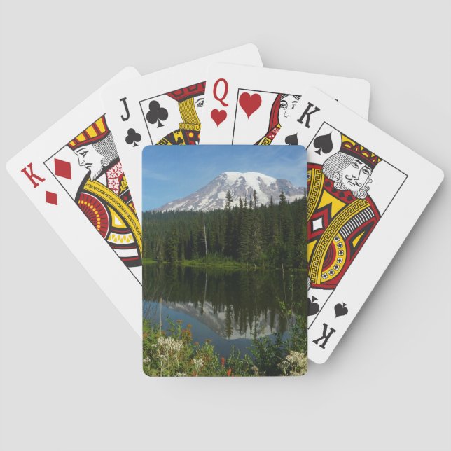 Baraja De Cartas Reflejo del lago del Monte Rainier con flores silv (Reverso)