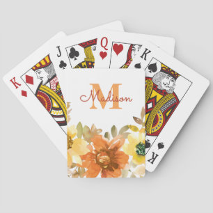 Baraja De Cartas Regalo de Monograma Floral Naranja con Nombre