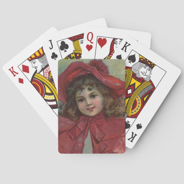 Baraja De Cartas Retrato de Chica de Gorra rojo infantil victoriano (Reverso)