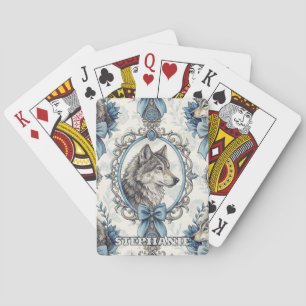 Baraja De Cartas Retrato de lobo de invierno en marco azul y gris o