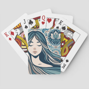 Baraja De Cartas Retrato de mujer mosaica boho con arte azul floral