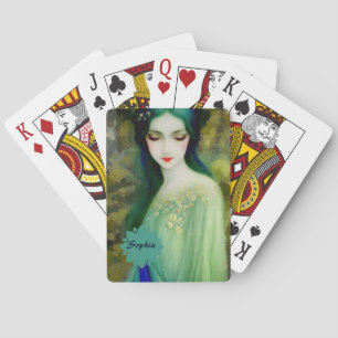 Baraja De Cartas Retrato elegante de mujer fantastica en verde y az