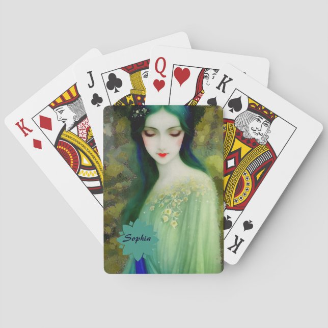 Baraja De Cartas Retrato elegante de mujer fantastica en verde y az (Reverso)
